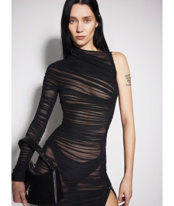 black sheer asymmetrical ruched dress l'achat 