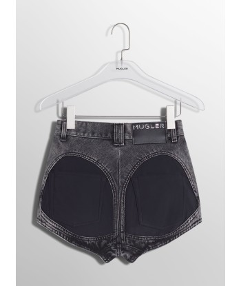 washed black bi-material denim shorts en ligne des produits 