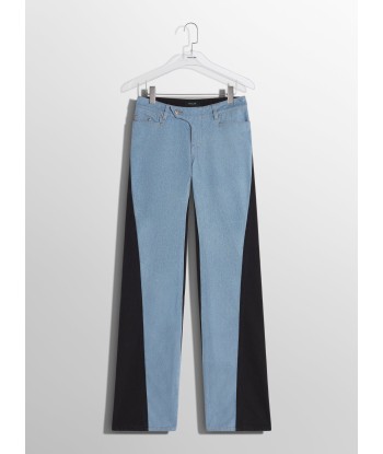 blue bi-color straight leg jeans en stock