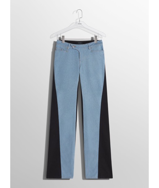 blue bi-color straight leg jeans en stock