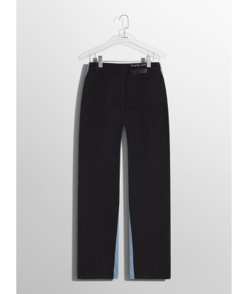 blue bi-color straight leg jeans en stock