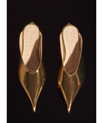 gold metalic leather fang flat mules en linge