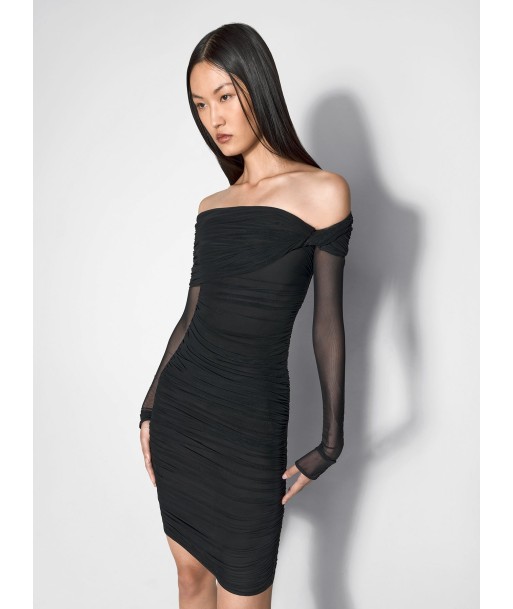 black off-shoulder ruched dress store