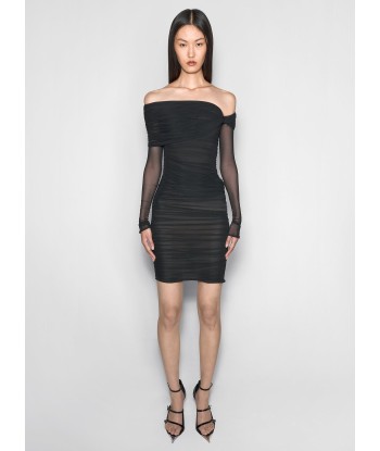 black off-shoulder ruched dress store