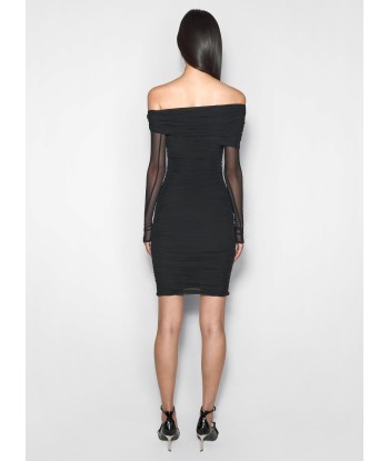 black off-shoulder ruched dress store