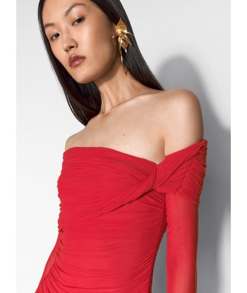 red off-shoulder ruched dress prix pour 