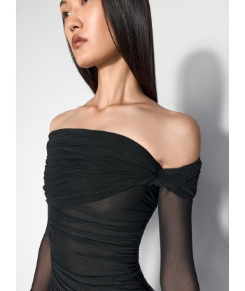 black off-shoulder ruched dress store