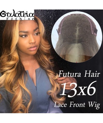 PERRUQUE  SYNTHÉTIQUE FIBRE FUTURA BODY WEAVE OMBRE HIGHLIGHT MARRON  AVANT DENTELLE SUISSE 13X6 destockage