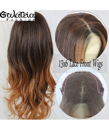 PERRUQUE  SYNTHÉTIQUE FIBRE FUTURA BODY WEAVE OMBRE HIGHLIGHT MARRON  AVANT DENTELLE SUISSE 13X6 destockage